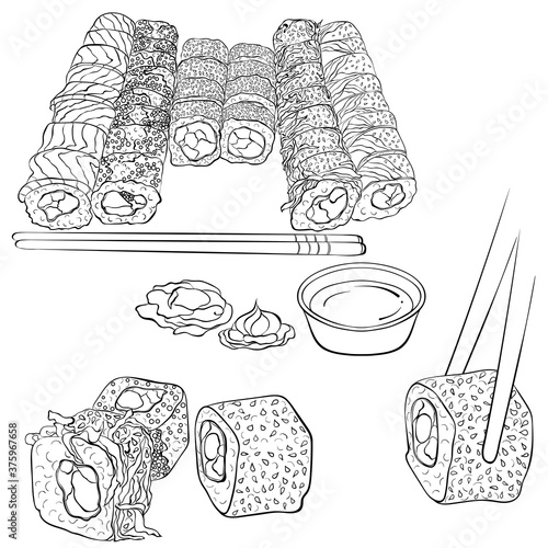 Philadelphia sushi rolls set. Traditional Japanese food. Sushi set objects, chopsticks, wasabi, ginger, soy. Line art vector illustration isolated on white background. Coloring book