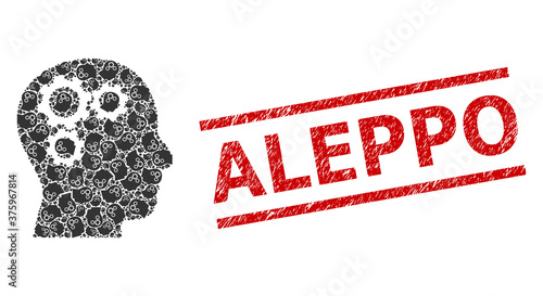 Recursion combination brain gears and Aleppo unclean stamp seal. Stamp includes Aleppo caption between parallel lines. Vector collage is composed of recursive brain gears elements.