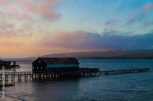 Boat House and Pier at Sunset on The  Shore of Tomales Bay  Inverness  Pt. Reyes National Sea Shore California USA