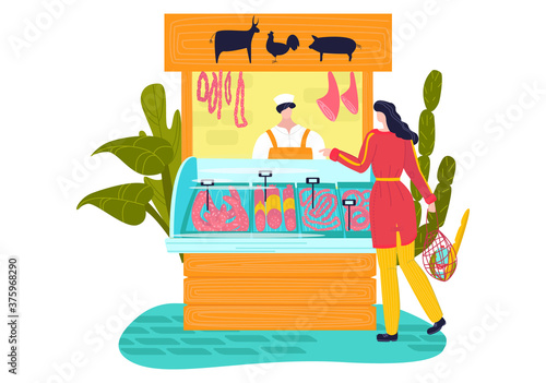 Market stall, meat products flat style, street shop, beef from farm, fresh pork, cartoon vector illustration, isolated on white. Woman buys tasty sausage, salami retail, food sale, counter with goods.