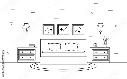 Bedroom interior in line art style. Modern bedroom interior with furniture. Vector illustration, isolated on white background