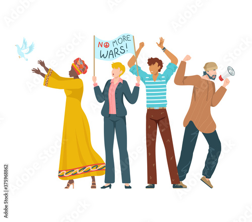 Peaceful rally, people staging protest on street, poster, inscription no more wars, cartoon vector illustration, isolated on white. Protest peaceful people different nationalities, activists poster.