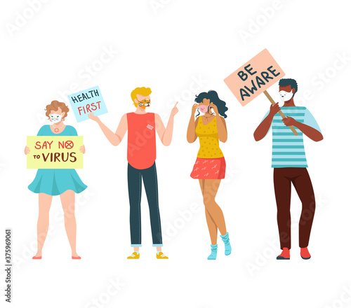 Peace rally, people staging protest on street, poster saying say no to virus, cartoon style vector illustration, isolated on white. Masked protesting activists, group protesting guys, girls for health