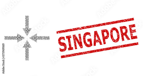 Fractal collage impact arrows and Singapore unclean stamp seal. Stamp seal includes Singapore title between parallel lines. Vector collage is created with repeating impact arrows parts.