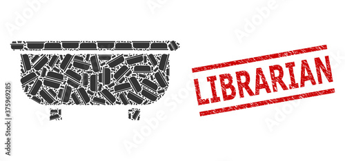 Fractal collage bathtub and Librarian grunge seal. Seal includes Librarian caption between parallel lines. Vector collage is created of scattered bathtub elements.