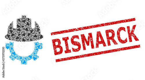 Recursive collage development helmet and Bismarck textured stamp seal. Stamp seal includes Bismarck tag between parallel lines. Vector mosaic is designed from recursive development helmet icons.