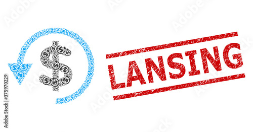 Recursion collage chargeback and Lansing grunge stamp seal. Stamp includes Lansing caption between parallel lines. Vector collage is made of recursive chargeback items.