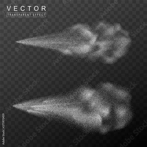 Cosmetic airy spray and pulverizer isolated on transparent background. Effect of white smoke, fog, sprayer and water atomizer. Vector dynamic 3d clouds