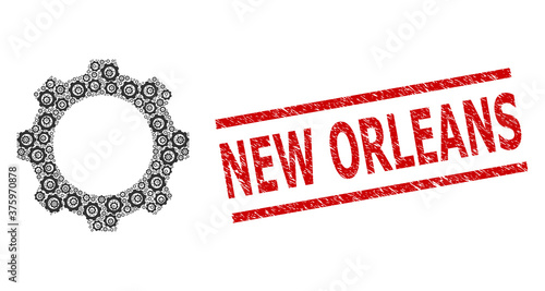 Fractal collage gear and New Orleans scratched stamp seal. Stamp seal includes New Orleans title between parallel lines. Vector collage is constructed with scattered gear items.