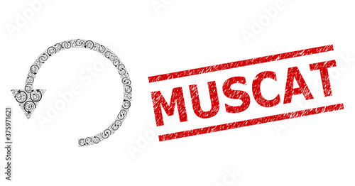 Recursive composition rotate ccw and Muscat grunge stamp seal. Stamp seal includes Muscat tag between parallel lines. Vector collage is composed from recursive rotate ccw items.