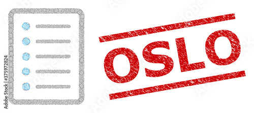 Recursive collage list page and Oslo scratched stamp seal. Seal includes Oslo text between parallel lines. Vector collage is created with recursive list page icons.