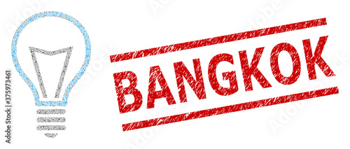 Recursion mosaic lamp bulb and Bangkok unclean stamp print. Stamp includes Bangkok text between parallel lines. Vector mosaic is formed of randomized lamp bulb icons.