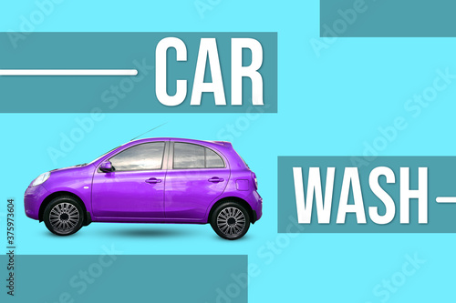 Text Car Wash and modern automobile on light blue background