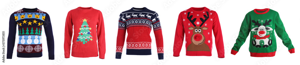Set of warm Christmas sweaters on white background. Banner design - obrazy, fototapety, plakaty 
