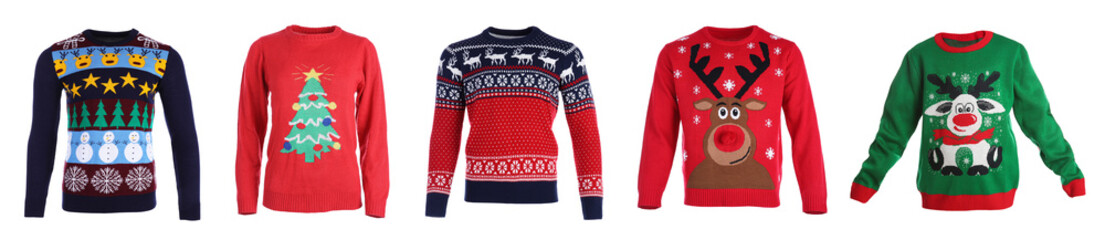 Set of warm Christmas sweaters on white background. Banner design