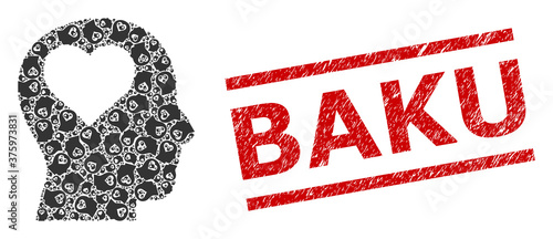 Recursive collage lover head and Baku unclean stamp print. Stamp seal includes Baku text between parallel lines. Vector collage is designed with recursive lover head items.