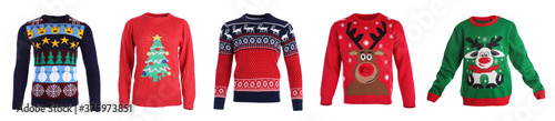Photographie Set of warm Christmas sweaters on white background. Banner design