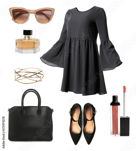 Elegant look. Collage with dress, shoes, accessories and cosmetics for woman on white background