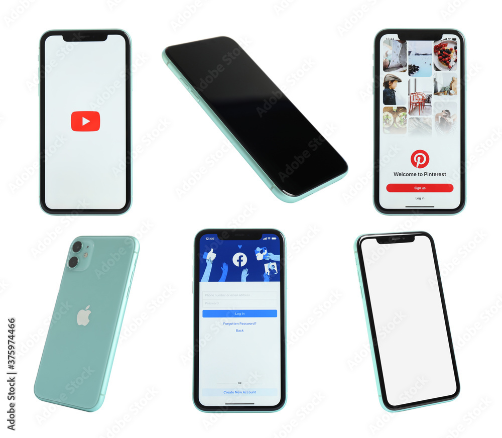 MYKOLAIV, UKRAINE - JULY 07, 2020: New modern iPhone 11 with YouTube,  Pinterest, Facebook apps and empty screen against white background, views  from different sides Photos | Adobe Stock