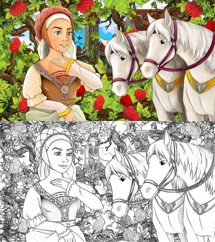 Fototapeta Naklejka Na Ścianę i Meble -  cartoon sketch scene with princess in garden horses