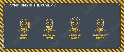 Signs and symptoms Coronavirus: fever, dry cough, headache, sore throat, runny nose, dyspnea single line icons isolated on yellow. Perfect outline symbols Covid 19 banner. design icons