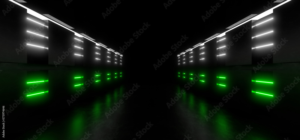 Fototapeta premium A dark corridor lit by colorful neon lights. Reflections on the floor and walls. 3d rendering image.