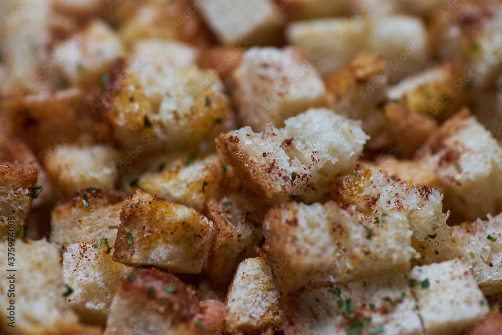 Close-up view the spices croutons Close-up view the spices croutons