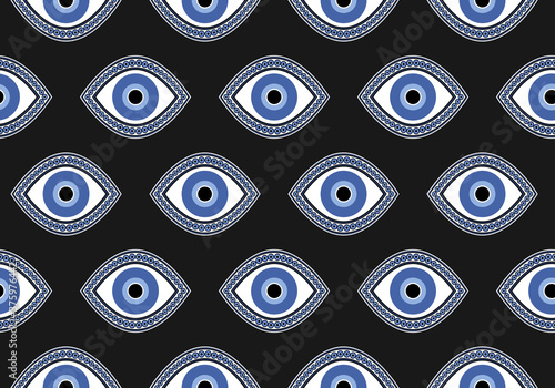 Blue eyes  vector, black background, traditional cultural symbol, protection from evil eye seamless pattern