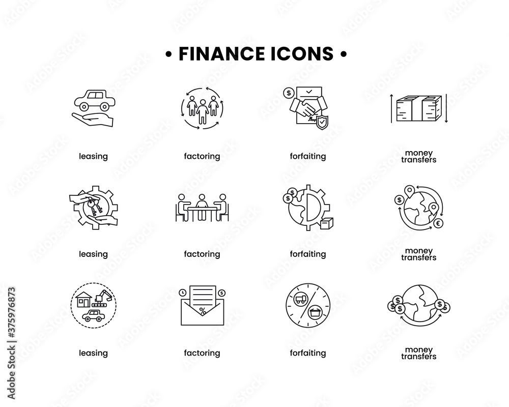 Vector finance illustration. Forfaiting icons set, leasing, factoring, money transfers