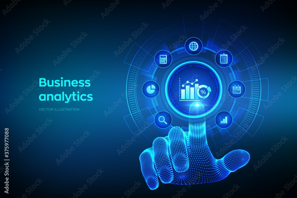 Business data analytics and robotic process automation concept on virtual screen. Profit and revenue of company, BI or KPI concept. Wireframe hand touching digital interface. Vector illustration.