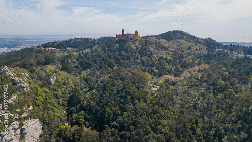 Aerial view of the Pena National Palace  Sintra  Portugal. beautiful castle on top of the mountain