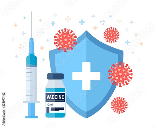Vaccination concept. Immunization campaign. Vaccine shot. Health care and protection. Syringe with a vaccine bottle protection shield and virus. Medical treatment. Flat vector illustration.