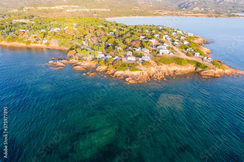 Aerial shot in Sardinia with wonderful beaches and stunning landscapes photo