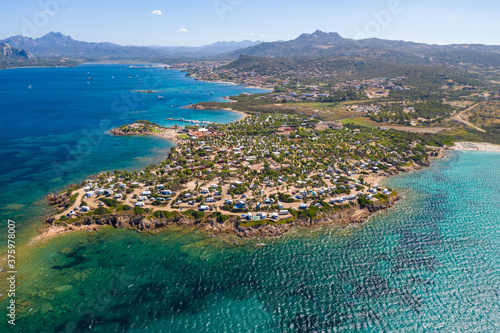 Aerial shot in Sardinia with wonderful beaches and stunning landscapes photo