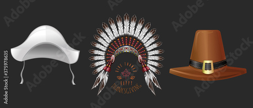 Set of hats for Thanksgiving Day celebration. Thanksgiving hats collection. Happy Thanksgiving. Give Thanks. Vector illustration