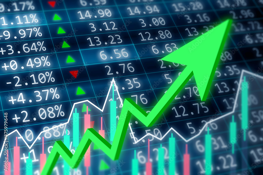 Stock market, financial and business concept. Financial data on a monitor with green arrow going up and red, green candle stick graph chart on dark background Stock market, financial and business concept. Financial data on a monitor with green arrow going up and red, green candle stick graph chart on dark background