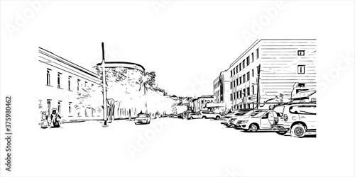 Building view with landmark of Atyrau, formerly known as Guryev until 1991, is a city in Kazakhstan, and the capital of Atyrau Region. Hand drawn sketch illustration in vector.