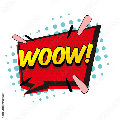 Wow, comic text speech bubble balloon. Pop art style banner message. Vector isolated illustration funny colored design