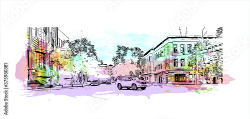 Building view with landmark of Atyrau, formerly known as Guryev until 1991, is a city in Kazakhstan, and the capital of Atyrau Region. Watercolor splash with hand drawn sketch illustration in vector.