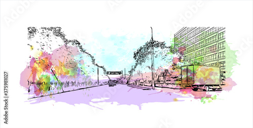 Building view with landmark of Atyrau, formerly known as Guryev until 1991, is a city in Kazakhstan, and the capital of Atyrau Region. Watercolor splash with hand drawn sketch illustration in vector.