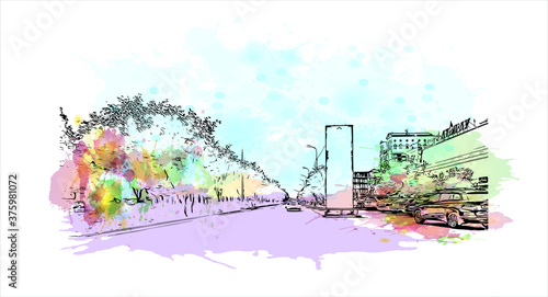 Building view with landmark of Atyrau, formerly known as Guryev until 1991, is a city in Kazakhstan, and the capital of Atyrau Region. Watercolor splash with hand drawn sketch illustration in vector.