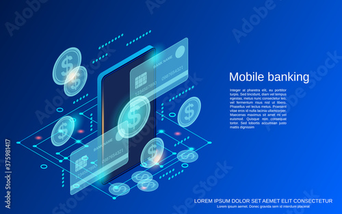 Mobile banking, money transfer, financial transaction flat 3d isometric vector concept illustration