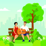 Romantic dinner dating couples flat composition with sweetheart characters sitting outdoors on wooden bench with guitar vector illustration