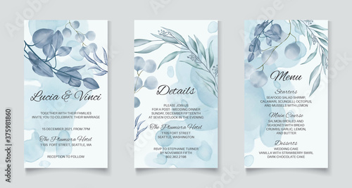 Instagram stories template wedding invitation with blue abstract leaves background