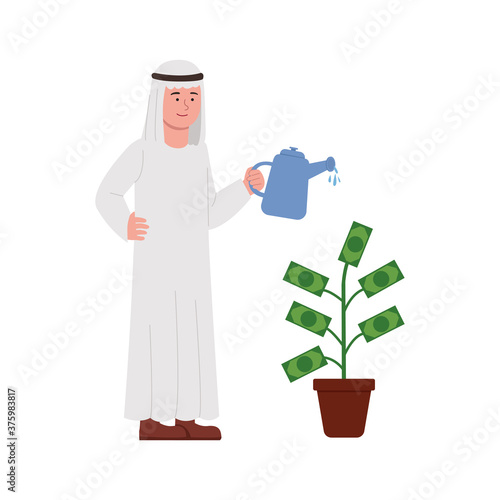Concept Illustration of Arabian Man Investing Money With Watering Plant Cartoon