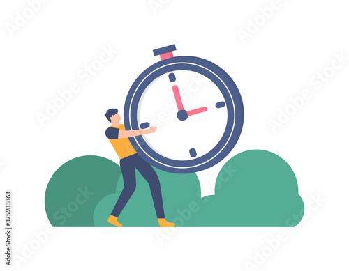 the concept of time management, productivity, time optimization. illustration of a man holding or lifting a clock or stopwatch. flat design. can be used for elements, landing pages, UI, websites.