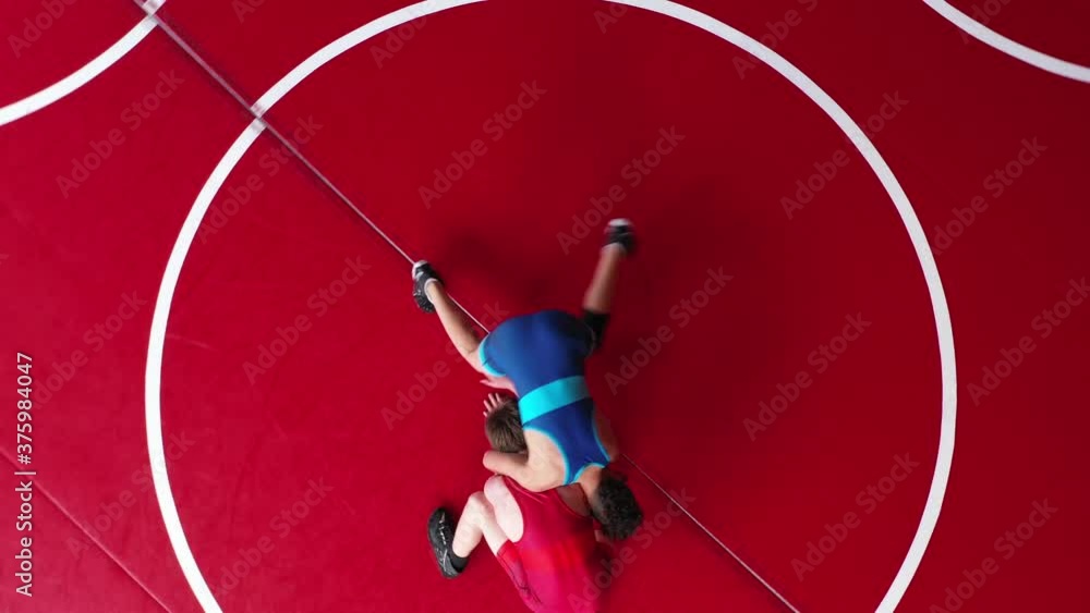 Unique overhead view of youth wrestlers in a live wrestling drill. Blue