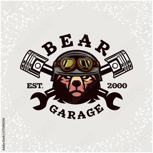 Bear head auto repair and custom Garage logo. Design element for company logo, label, emblem, sign, apparel or other merchandise. Scalable and editable Vector illustration.