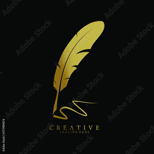 feather pen logo gold vector design template