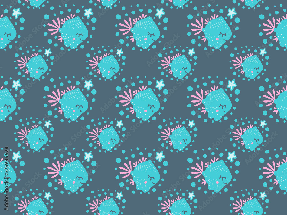 Childish stylish seamless pattern of cute dreamy fish, starfishes and bubbles on a dark background. Cartoon underwater world in the Scandinavian style. For kids pajamas and bedroom design. Vector. Childish stylish seamless pattern of cute dreamy fish, starfishes and bubbles on a dark background. Cartoon underwater world in the Scandinavian style. For kids pajamas and bedroom design. Vector.
